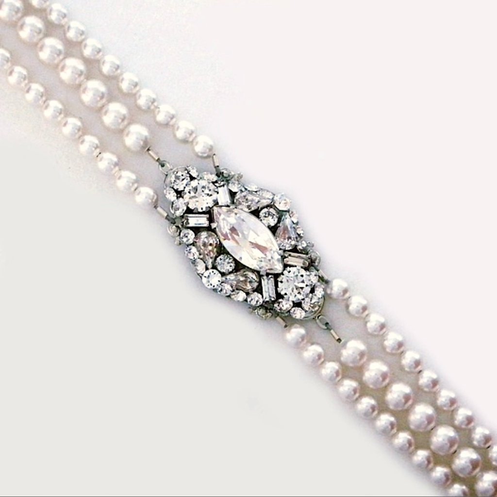 Haute Bride Triple Strand Pearl Bridal Bracelet, Crystal Brooch Center Nwt